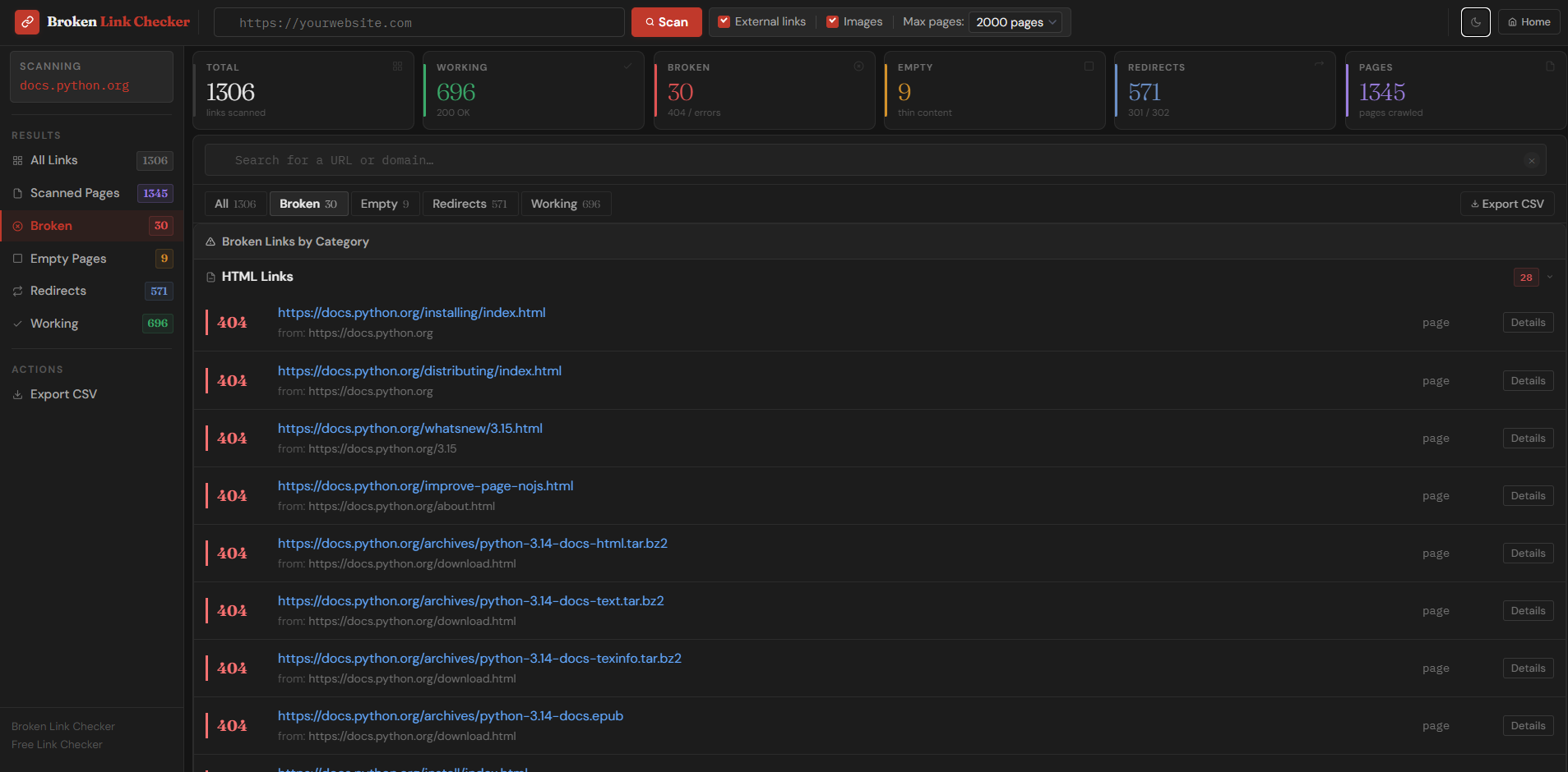 Broken Link Checker dark mode showing broken links grouped by HTML, CSS, JS, and image categories