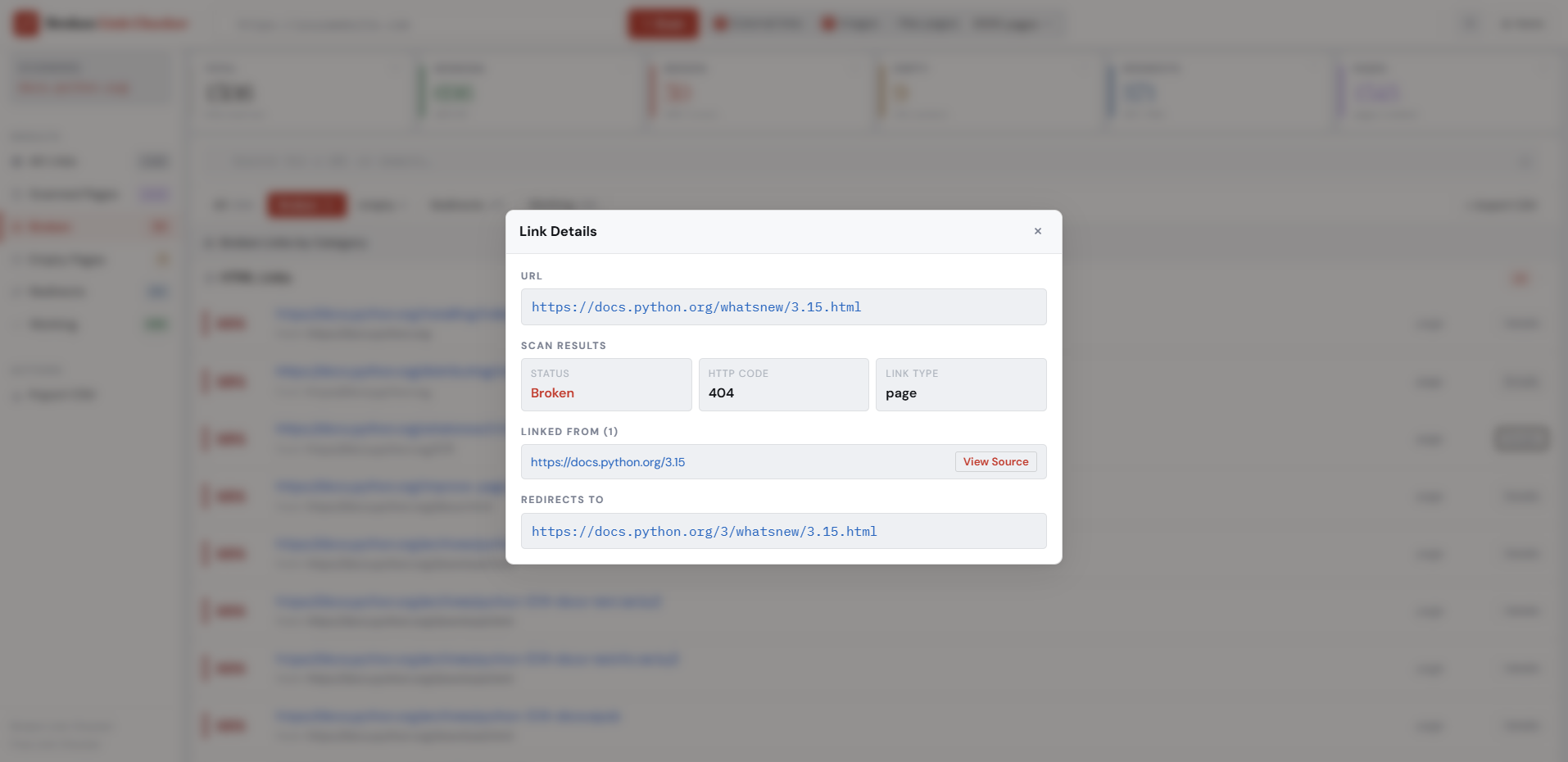 Link Details modal showing HTTP code 404, status Broken, linked from page, and redirect destination