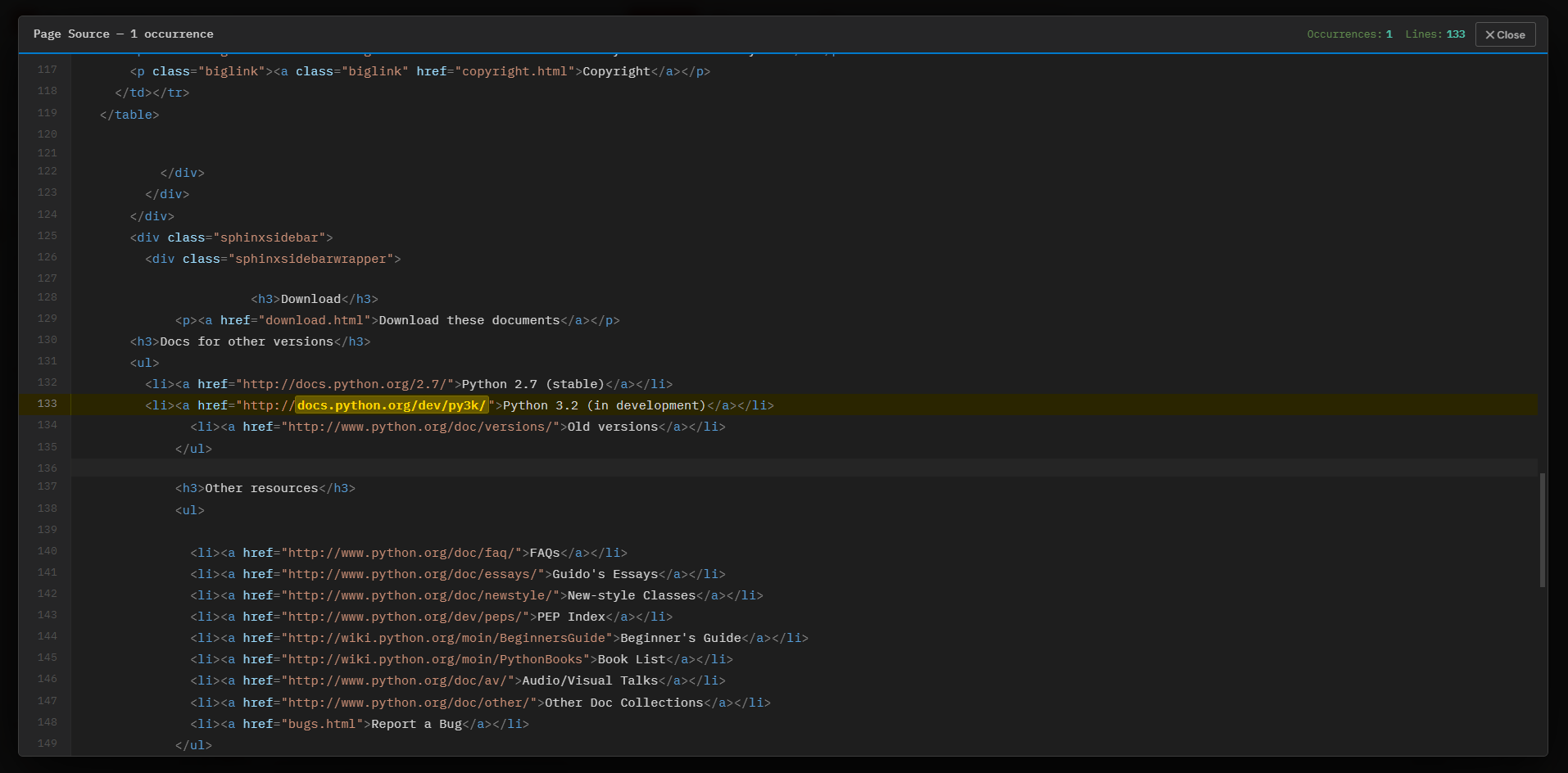 Page source viewer showing syntax-highlighted HTML with broken link highlighted in yellow on line 133